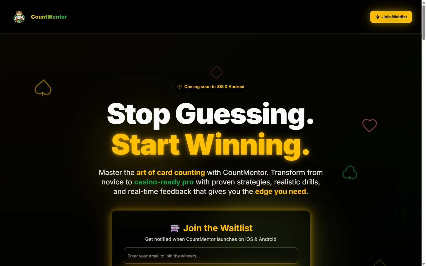 Screenshot della landing CountMentor con value proposition e waitlist