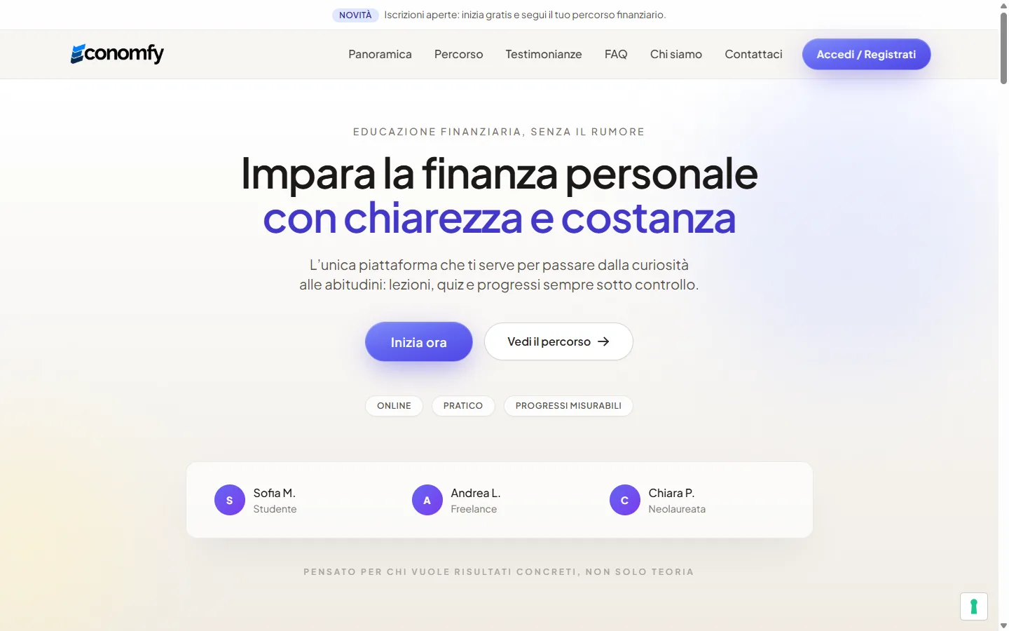 Screenshot della web app Economfy per l’educazione finanziaria