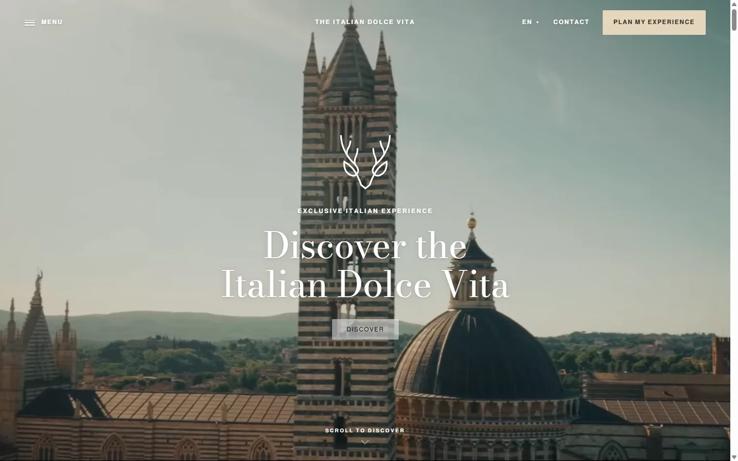 Homepage di Rocca d'Italia con il Duomo di Siena e il titolo Discover the Italian Dolce Vita