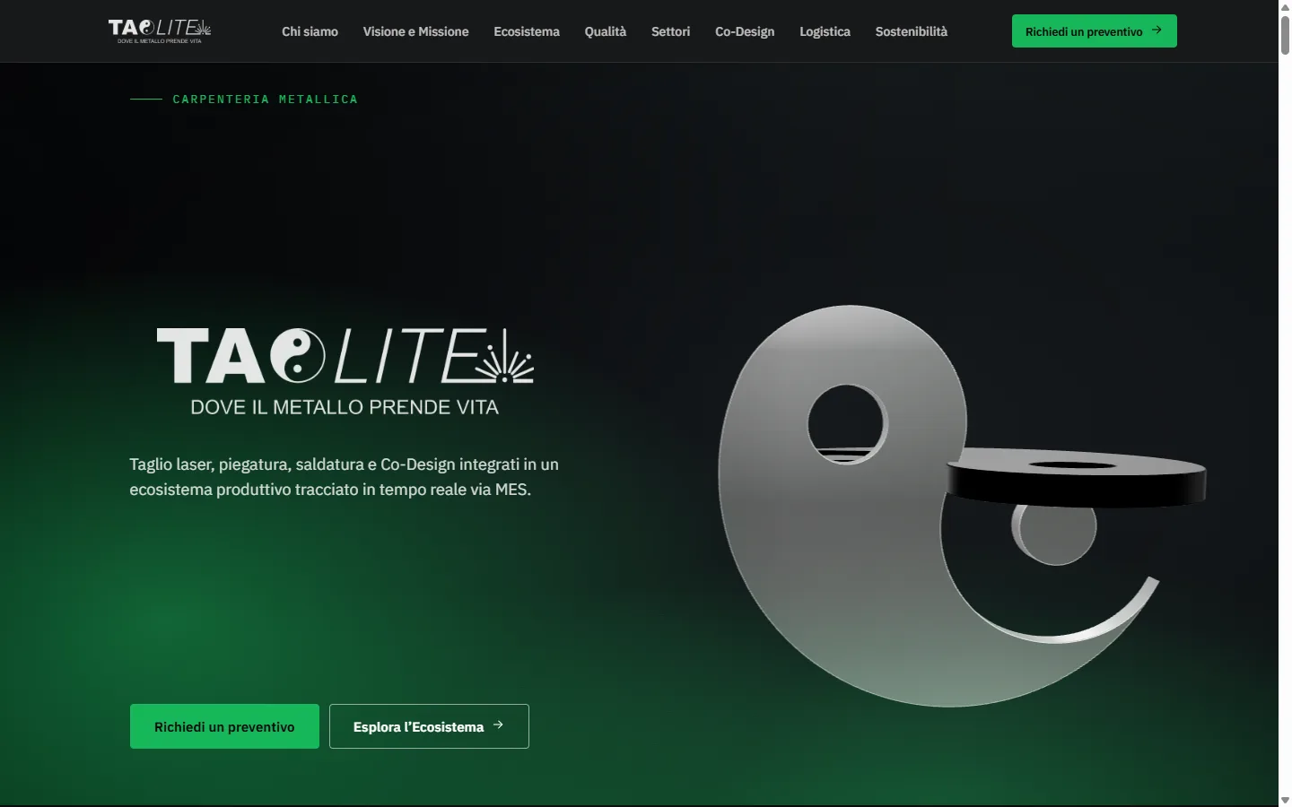 Homepage di TaoLite con il logo, il claim Dove il metallo prende vita e il pulsante Richiedi un preventivo